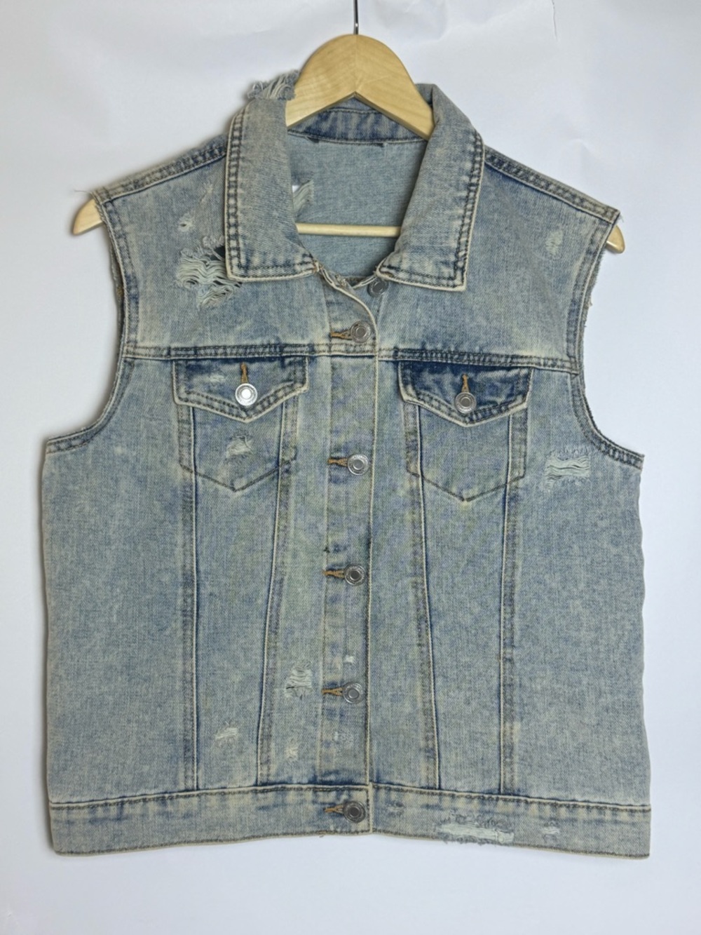 Distressed Light Wash Denim Vest - Large